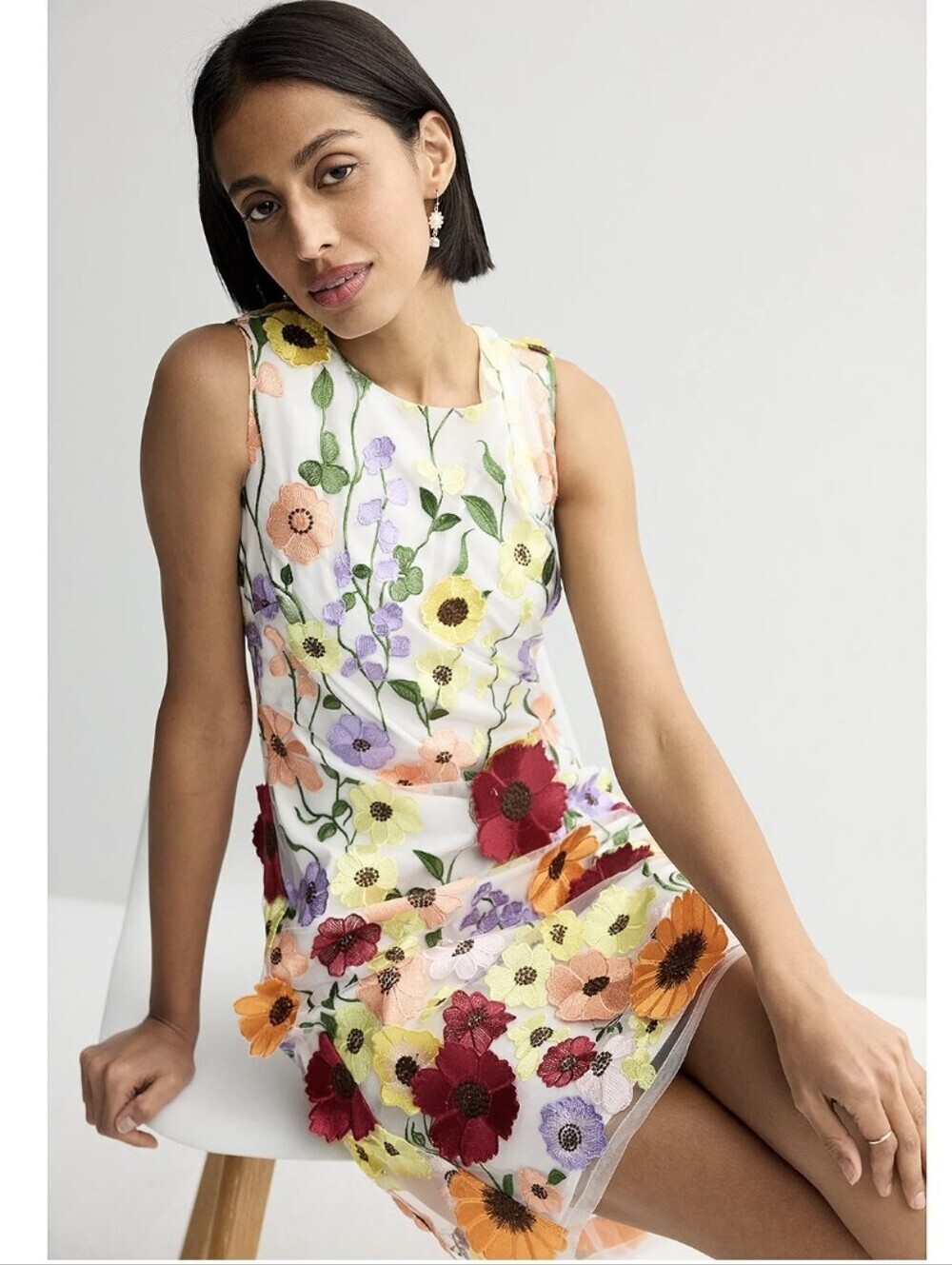 Nicole Miller 3D Floral Tank  Embroidered White Sleeveless Dress Size 12